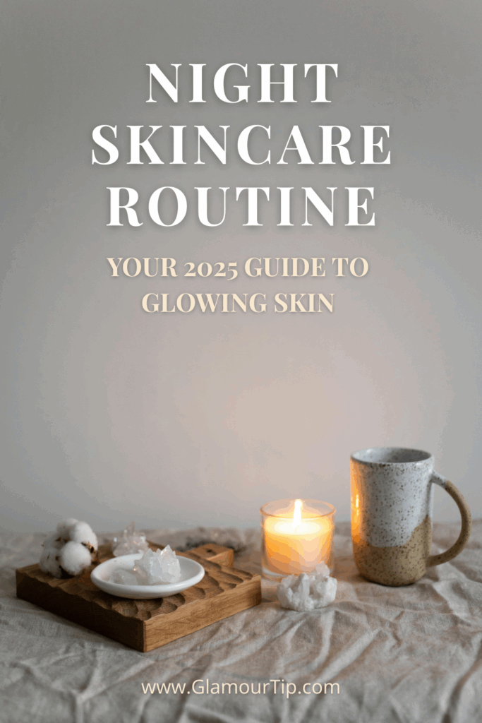 Pinterest graphic for night skincare routine 2025 guide, showing a flat lay of a candle, skincare items, cotton, and a cozy mug on a neutral background with bold text overlay.