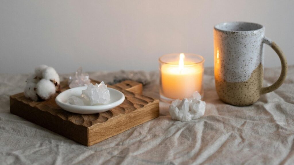 Calming nighttime skincare scene with a lit candle, cotton, crystals, and ceramic mug on a linen cloth, creating a serene night skincare routine atmosphere.