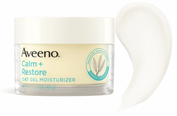 Aveeno overnight masks for glowing skin product image of white jar with adjacent white product smear.