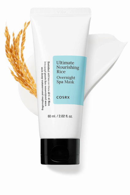 COSRX overnight masks for glowing skin product image of white tube with a cream smear behind.