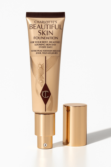 Charlotte Tilbury Best Dewy Foundation gold product tube and cap on white background.
