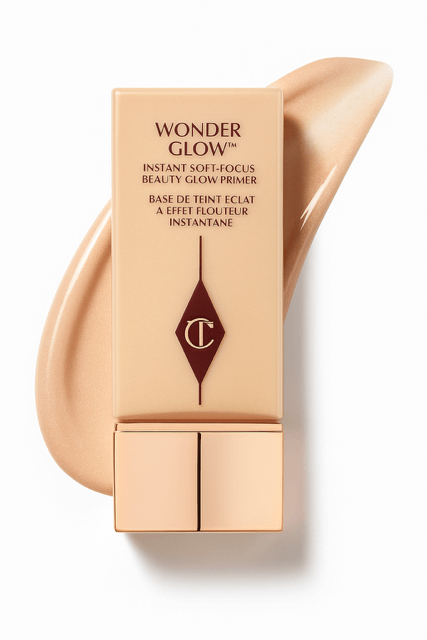 Charlotte Tilbury Best Dewy Primer nude bottle on white background and nude product smear behind.
