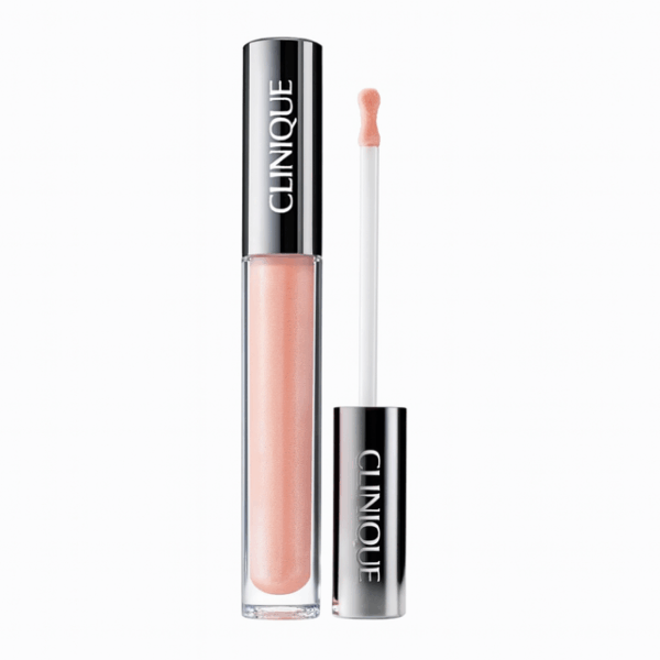 Clinique Lip Gloss in peach-pink with applicator wand on a white background.