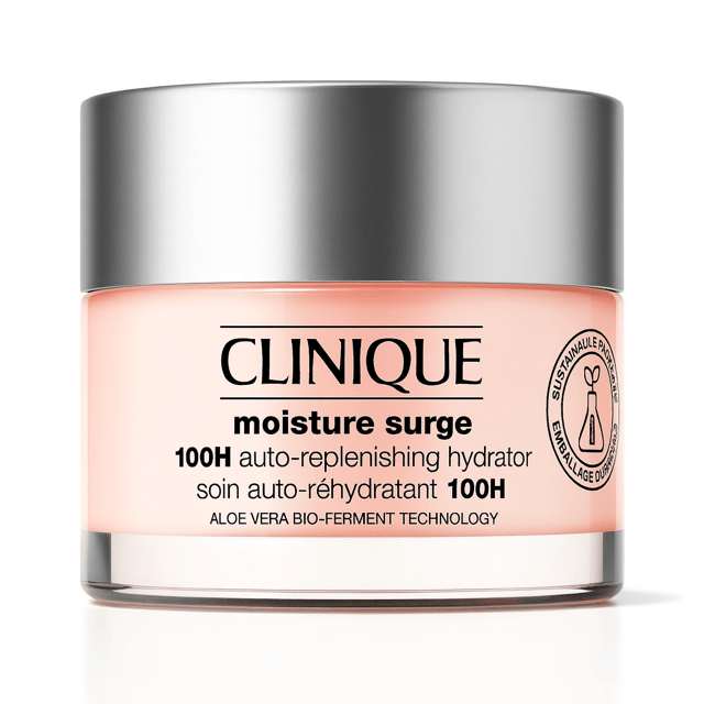 Clinique Moisture Surge hydrator off-pink product jar with white background.