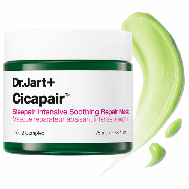 Dr. Jart + overnight masks for glowing skin product image of green jar with adjacent green product smear.