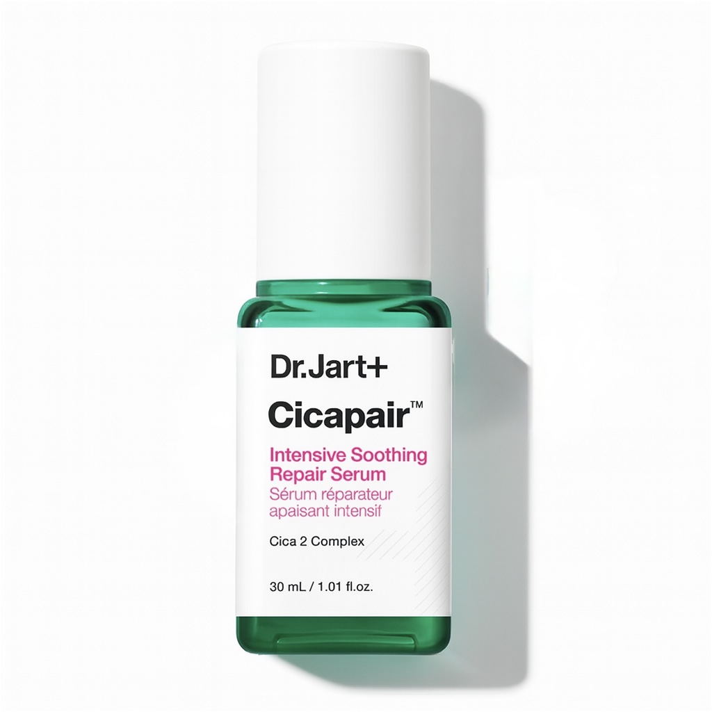 Dr. Jart Cicapair Repair Serum green bottle on white background.