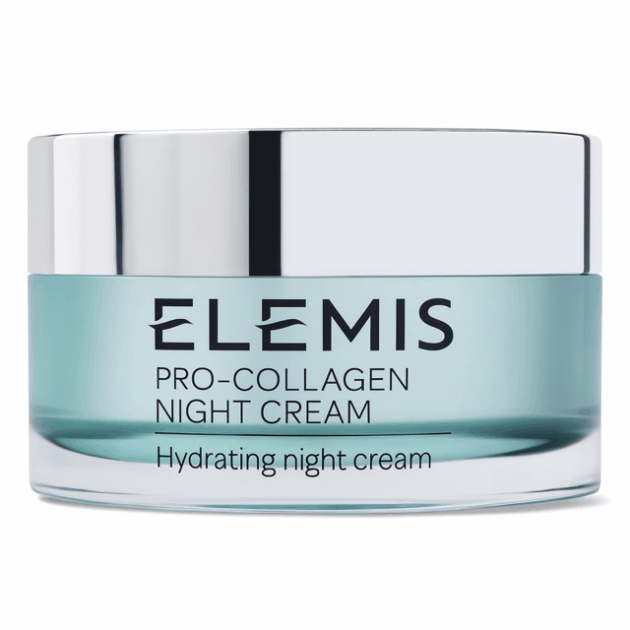Elemis, one of the most luxe night creams, shown in a blue jar with black writing.
