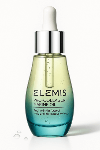Elemis face oil rounded green/blue glass jar -- part of Best Face Oil for Changing Seasons.