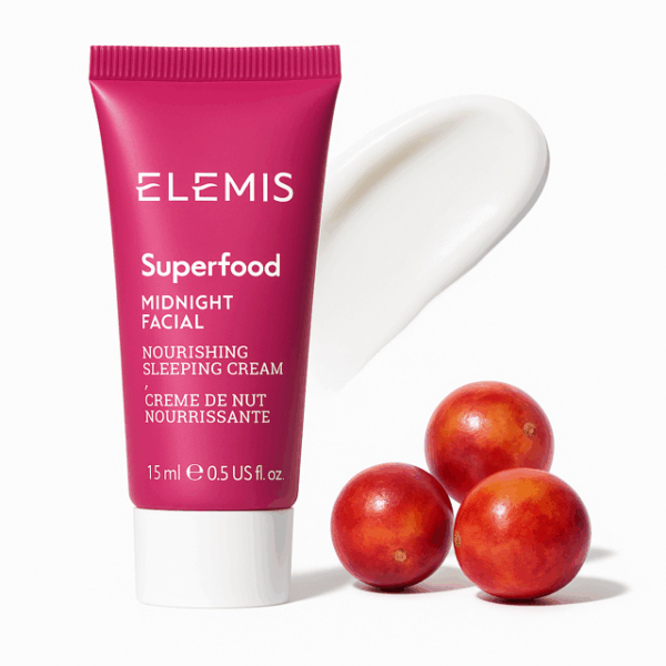 Elemis overnight masks for glowing skin product image of pink jar with adjacent product smear and camu camu.