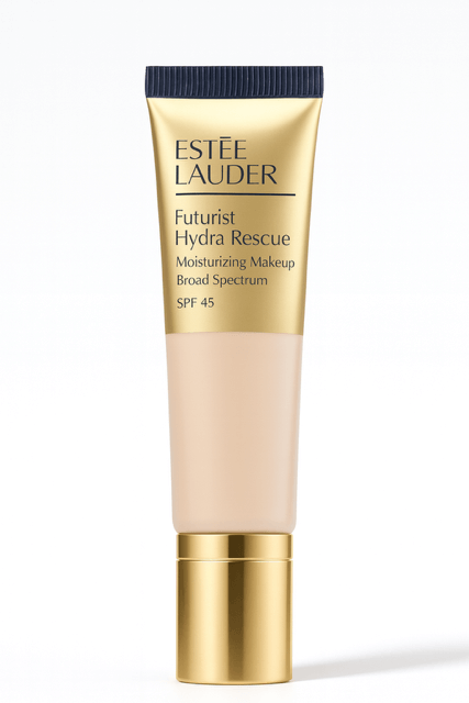 Estee Lauder Best Dewy Foundation gold product tube on white background.
