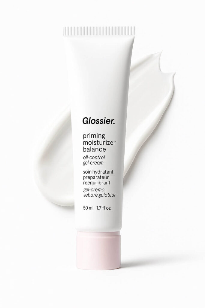 Glossier Best Dewy Primer moisturizer bottle on white background and product smear behind.