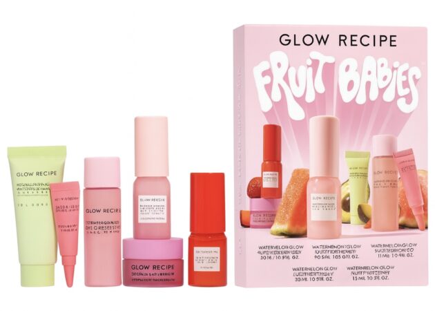 Glow Recipe six travel-size skincare minis in pink packaging, alongside the product box — luxury skincare gift sets.