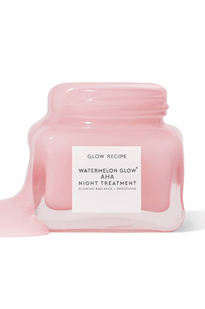 Glow Recipe's overnight masks for glowing skin product image of pink jar with overflowing pink product formula.
