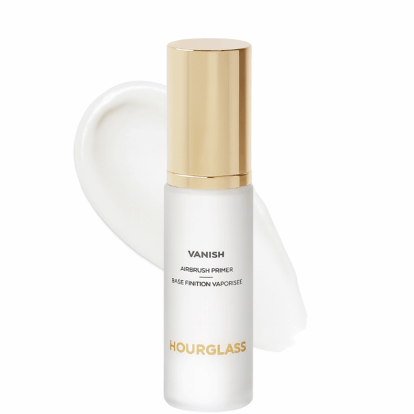 Hourglass Vanish AirBrush Primer tube with white product smear in background.