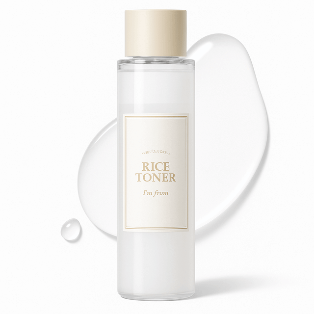 I'm From Rice Toner bottle with water smear behind on a white background.