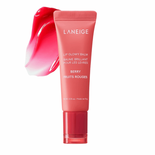 Laneige Lip Gloss in Berry with pink gloss smear on white background.