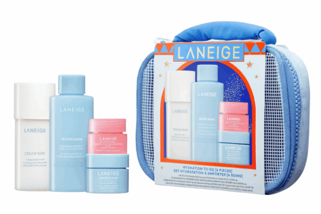 Laneige four travel-size skincare minis in blue and pink packaging, alongside a pouch —luxury skincare gift sets.