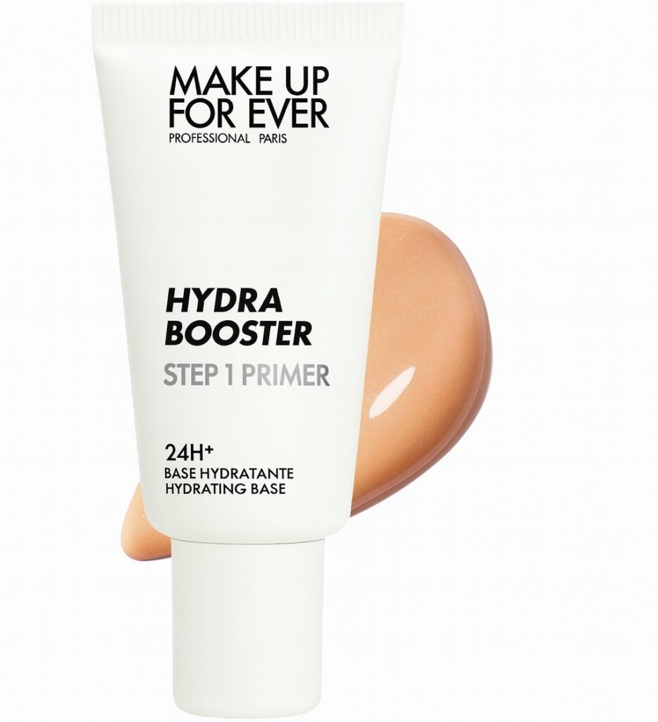 Makeup For Ever Hydra Booster Primer tube with tan product smear in background.