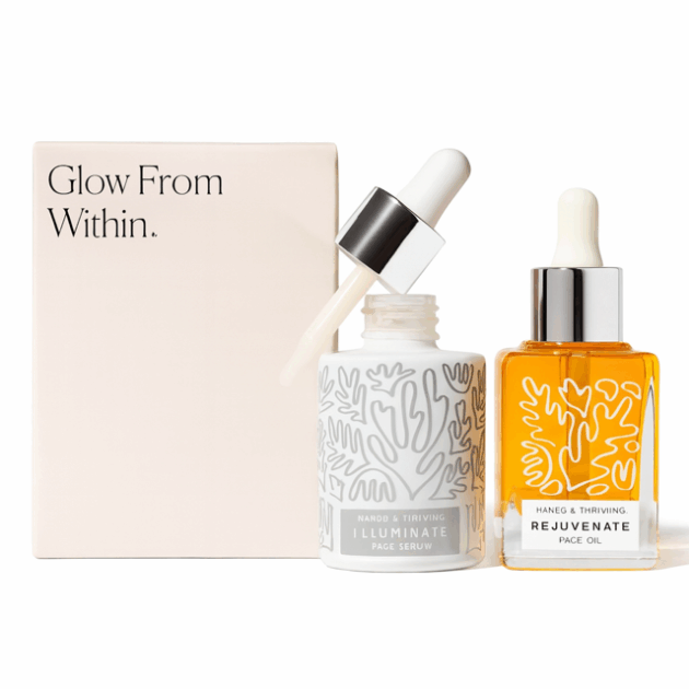 Naked & Thriving brand two oils, alongside the product box — luxury skincare gift sets.