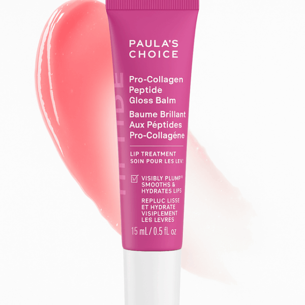 Paula's Choice Gloss Balm with pink gloss smear on white background.