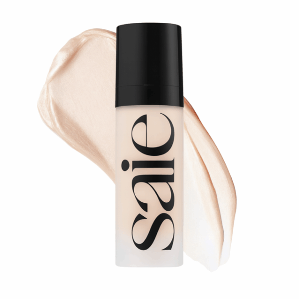 Saie Glowy Super Gel tube with product smear in background.