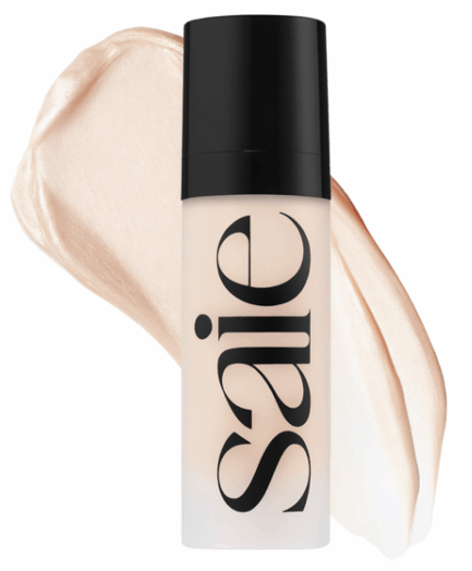 Saie Glowy Super Gel tube with product smear in background.