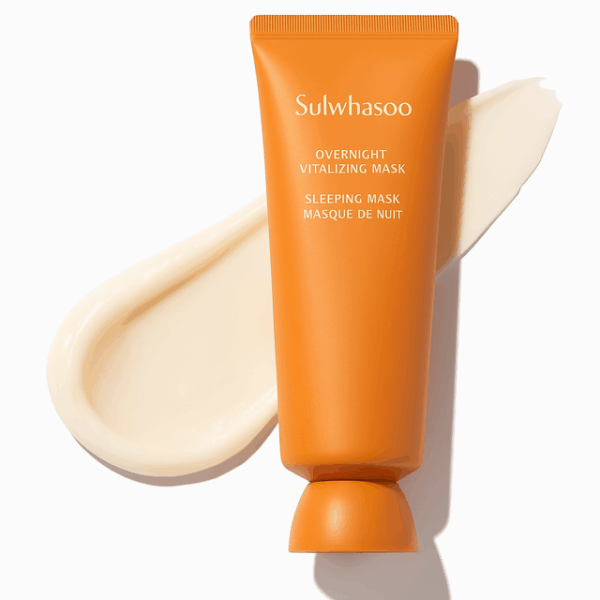 Sulwhasoo overnight masks for glowing skin product image of orange tube with a cream smear behind.