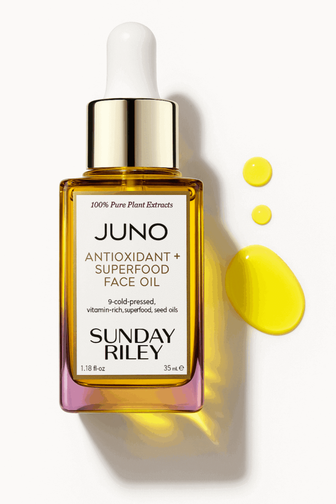 Sunday Riley Juno Face Oil golden bottle -- part of Best Face Oil for Changing Seasons.