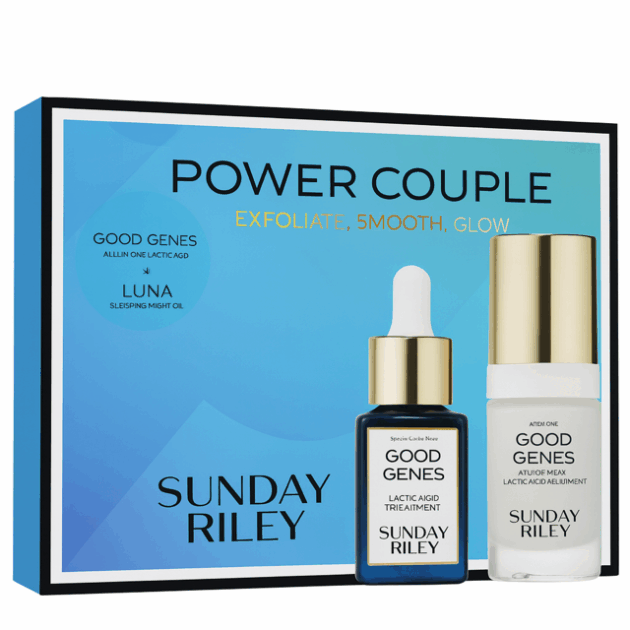 Sunday Riley brand two oils, alongside the product box — luxury skincare gift sets.