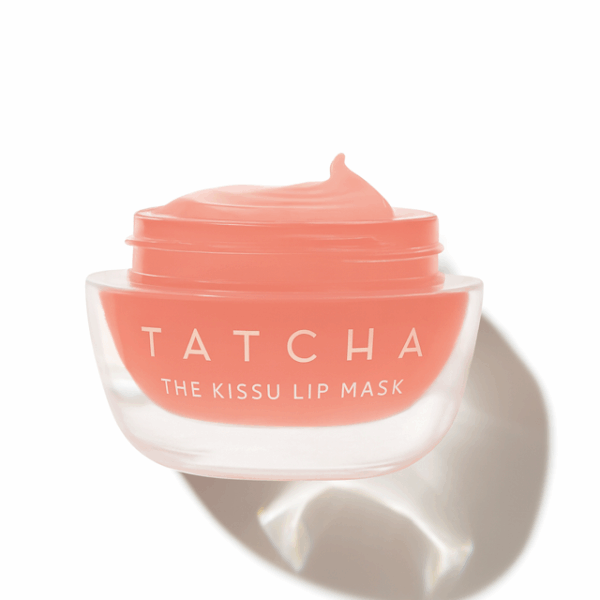 Tatcha Kissu Lip Mask in a pink gloss jar on off-white background.
