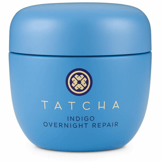 Tatcha overnight masks for glowing skin product image of blue open jar with product.