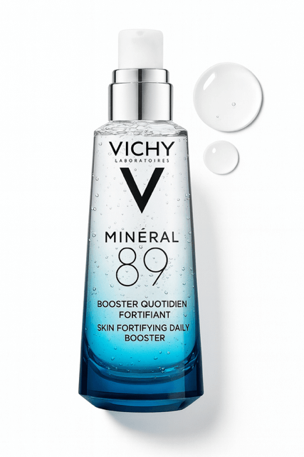 Vichy hyaluronic serum bottle with water droplets behind on a white background.