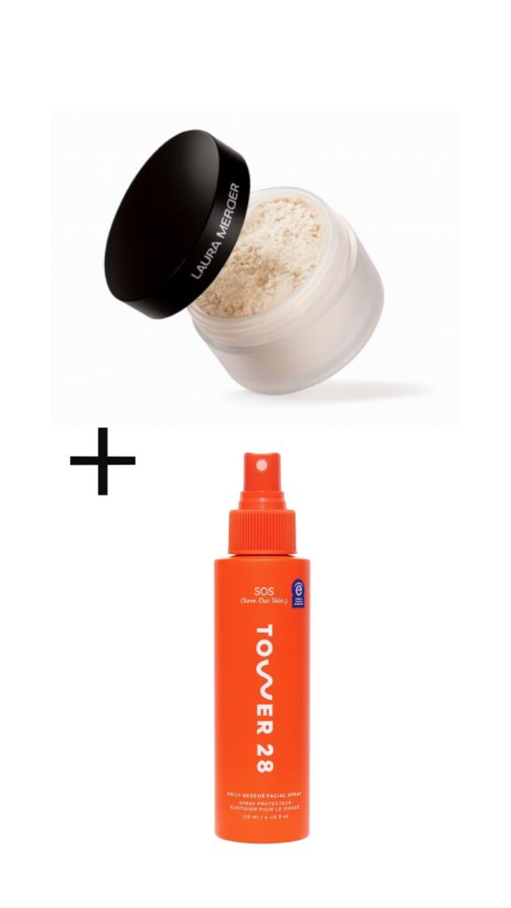 Laura Mercier setting powder and Tower 28 SOS setting spray — best combination for glowing skin.