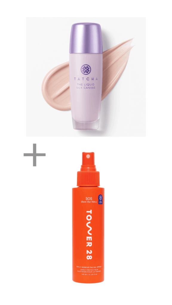 Tatcha Liquid Silk Canvas primer and Tower 28 SOS setting spray — best combination for dewy primer for sensitive skin.