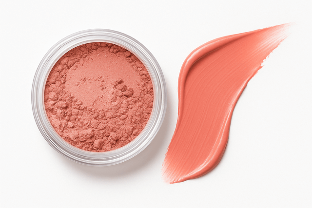 Cream vs powder blush represented by a blush powder compact next to blush smear.