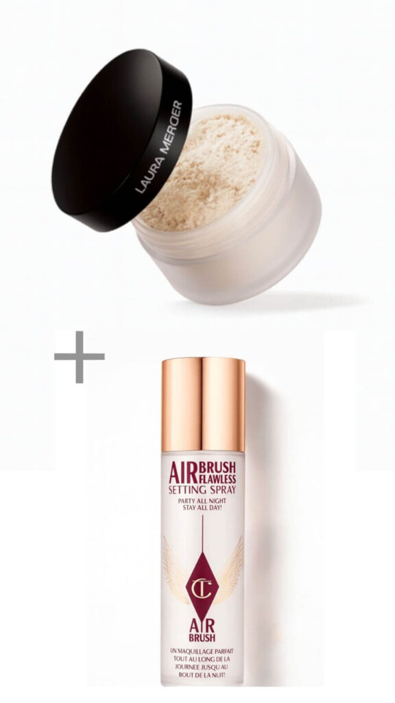 Laura Mercier setting powder and Charlotte Tilbury setting spray — best soft sculpting makeup.