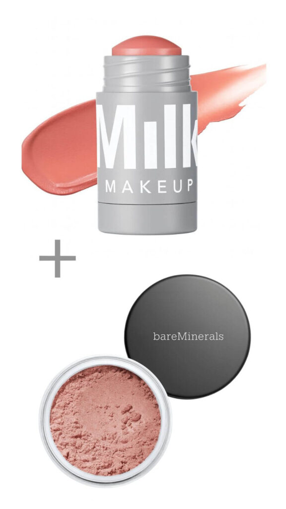 Milk cream blush stick and BareMinerals loose powder blush — best glowing makeup blush combination.