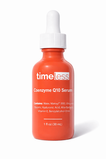 Timeless Skin Care Coenzyme Q10 Serum in orange bottle — best antioxidant for radiance.