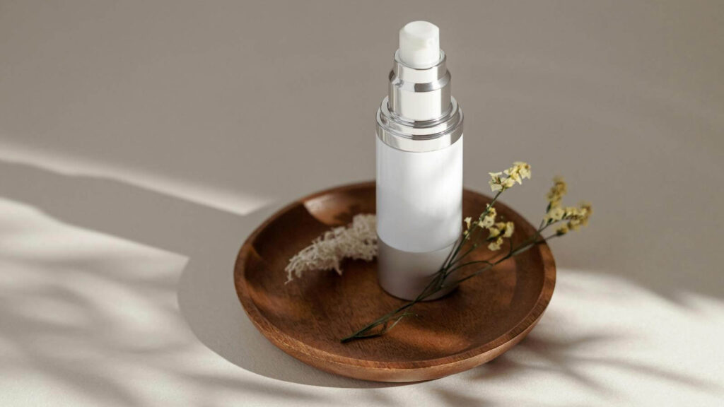 Skincare bottle on wooden tray with dry leaves illustrating why hydrating primers matter for dehydrated skin.