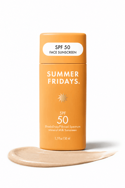 Summer Fridays ShadeDrops SPF 50 Mineral Milk Sunscreen with product smear.