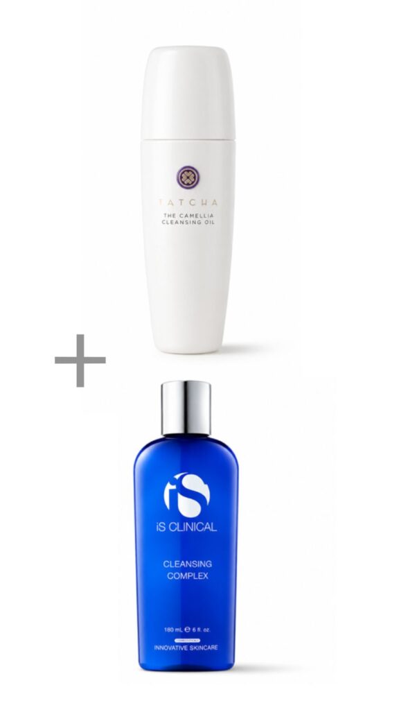 Double cleansing essentials consisting of Tatcha Pure One Step Camellia Cleansing Oil and iS Clinical Cleansing Complex