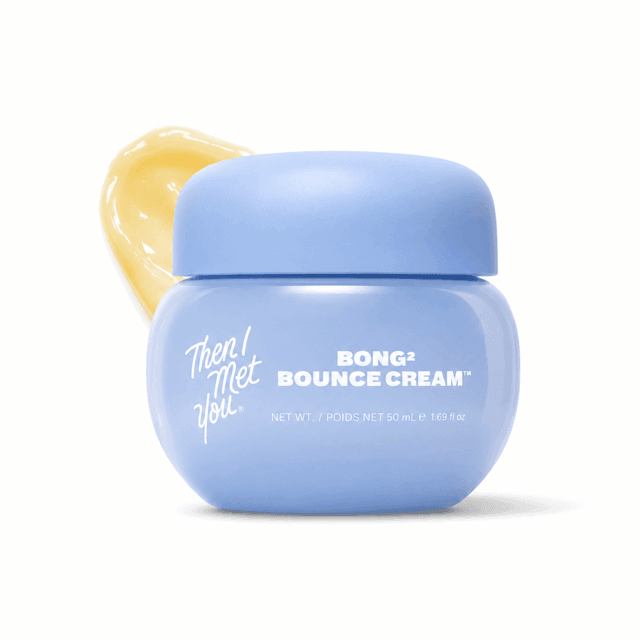 Then I Met You Bong² Bounce Cream in a blue jar and yellow product smear.
